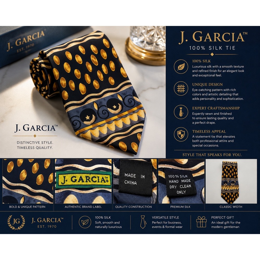 J. Garcia Mens 100% Silk Tie Navy Blue Gold Artistic Celestial Pattern Handmade